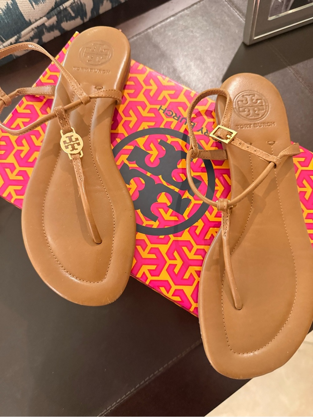 Tory Burch Cognac Leather Logo Thong Sandals